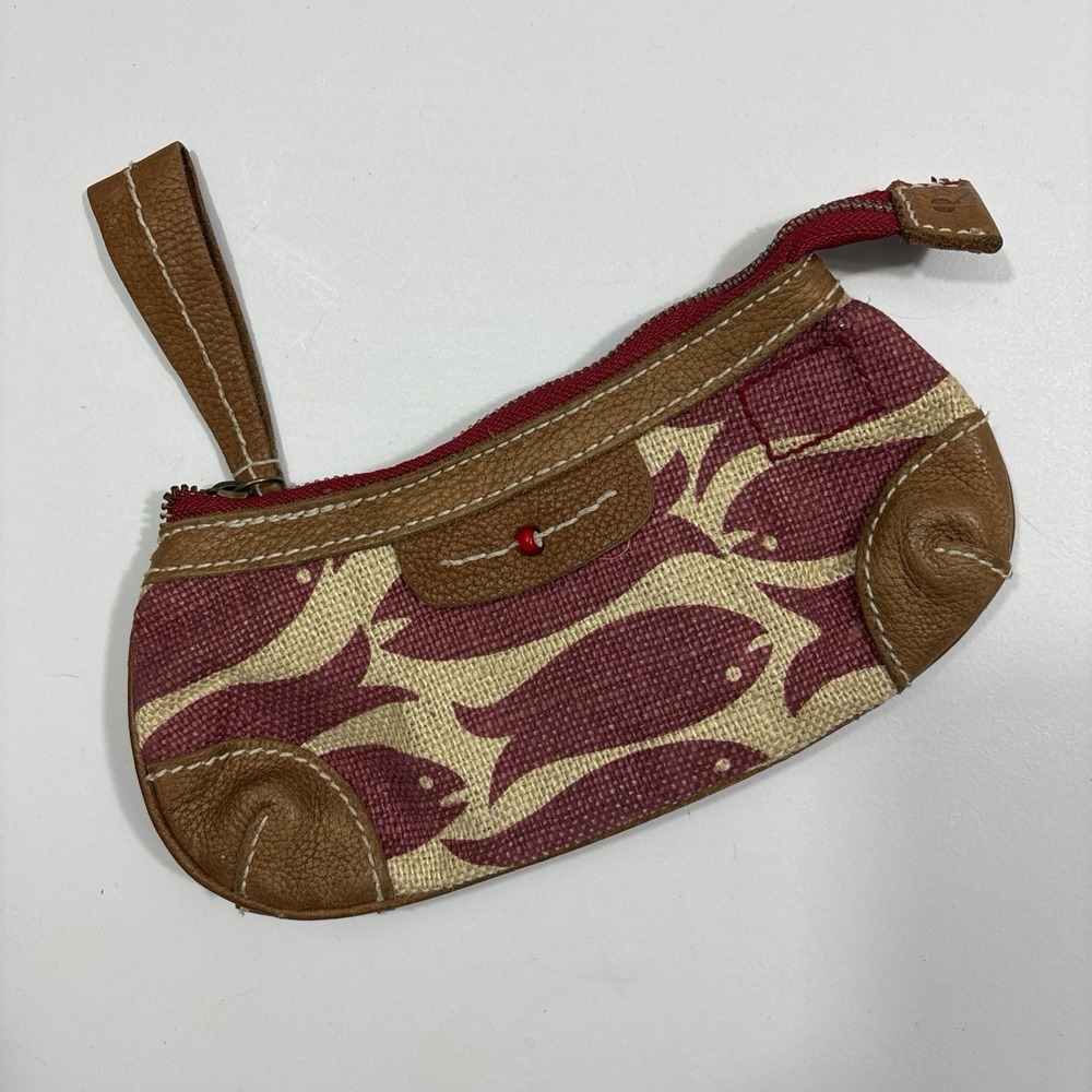 VTG 2007 Gap Product RED Fish Print Jute Burlap Leather Trim Wristlet Pouch